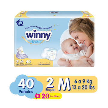 Pañales Winny Senstive + Toallitas Húmedas Etapa 2 X 40 Und
