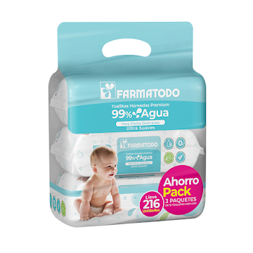 Toallitas Húmedas Farmatodo Bebé Premium 99% Agua Pack X 216 Und