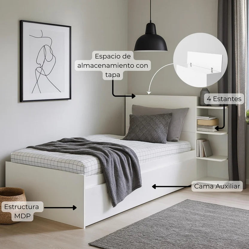 Cama Nido Multifuncional Gea Blanca 218x123x91cm con Estantes laterales y Cabecero con Almacenamiento